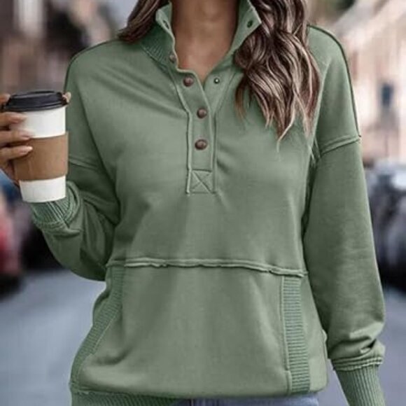 Women's Casual Long Sleeve Sweatshirt -Lightweight, Buttoned, Loose Pullover Top - Picture 3 of 5